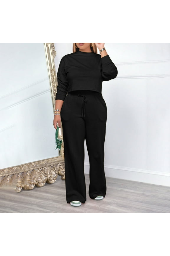 2 Piece Outfits for Women Long Sleeve Pullover Sweater Pants Jogger Sets with Pockets Solid Color Winter Suit Crew Neck Sweatsuits (Black 2XL)