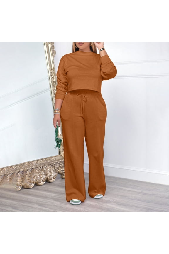 2 Piece Outfits for Women Long Sleeve Pullover Sweater Pants Jogger Sets with Pockets Solid Color Winter Suit Crew Neck Sweatsuits (Khaki M)