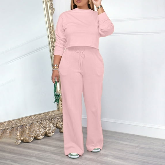 2 Piece Outfits for Women Long Sleeve Pullover Sweater Pants Jogger Sets with Pockets Solid Color Winter Suit Crew Neck Sweatsuits (Pink XL）