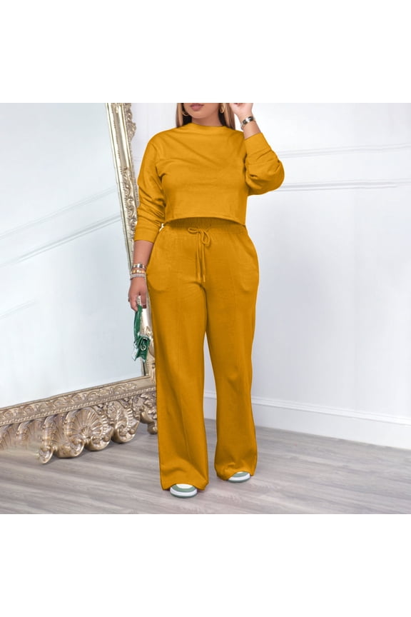 2 Piece Outfits for Women Long Sleeve Pullover Sweater Pants Jogger Sets with Pockets Solid Color Winter Suit Crew Neck Sweatsuits (Yellow L）