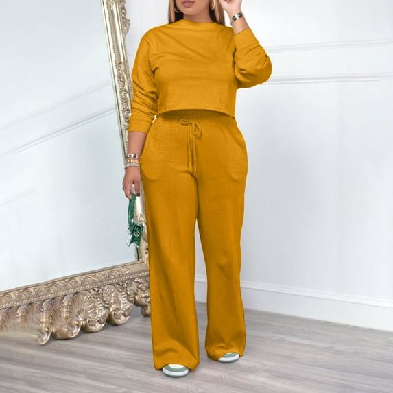 2 Piece Outfits for Women Long Sleeve Pullover Sweater Pants Jogger Sets with Pockets Solid Color Winter Suit Crew Neck Sweatsuits (Yellow L)
