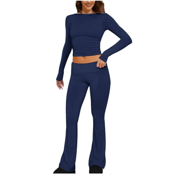 2 Piece Outfits for Women Long Sleeve Pullover Tops Pant Solid Color Slim Fitting Sets Tight-Fitting Yoga Sweatsuit (Navy M)
