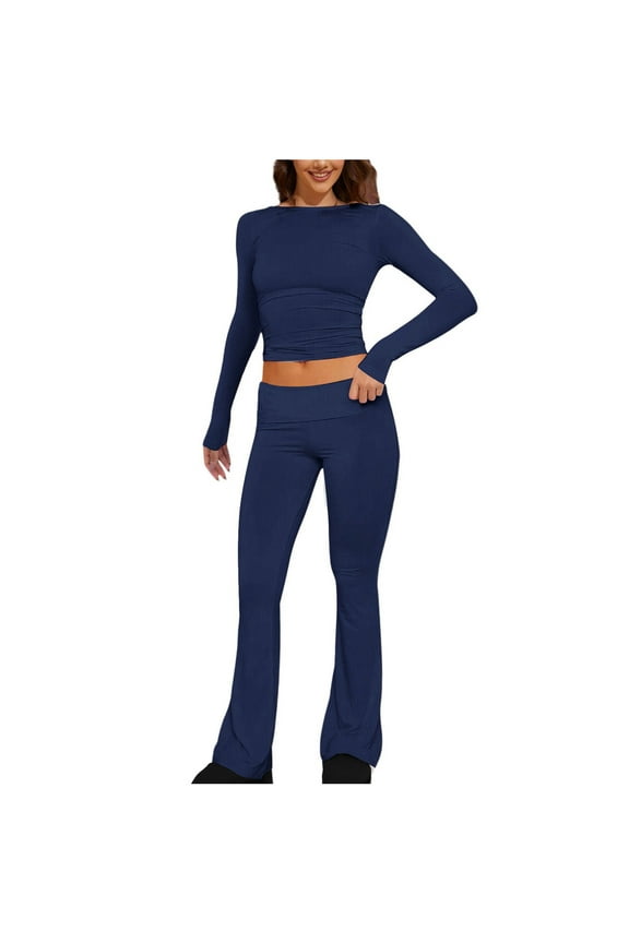 2 Piece Outfits for Women Long Sleeve Pullover Tops Pant Solid Color Slim Fitting Sets Tight-Fitting Yoga Sweatsuit (Navy XL)