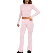 CHARELLA 2 Piece Outfits for Women Long Sleeve Pullover Tops Pant Solid Color Slim Fitting Sets Tight-Fitting Yoga Sweatsuit (Pink S)