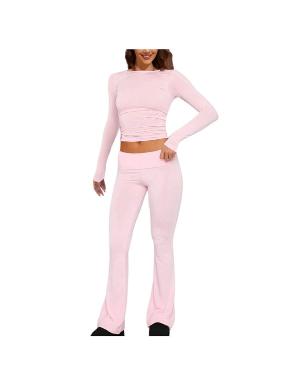 2 Piece Outfits for Women Long Sleeve Pullover Tops Pant Solid Color Slim Fitting Sets Tight-Fitting Yoga Sweatsuit (Pink S)