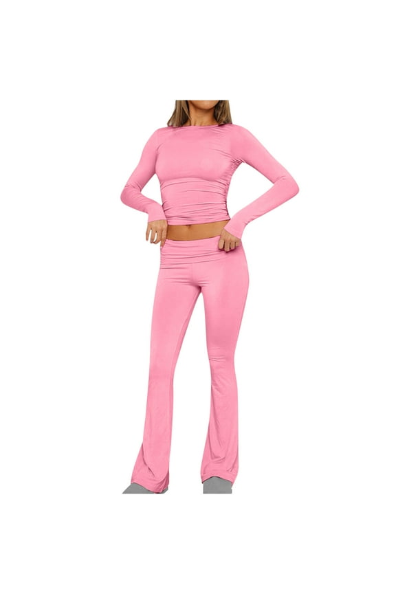 2 Piece Outfits for Women Long Sleeve Pullover Tops Pant Solid Color Slim Fitting Sets Tight-Fitting Yoga Sweatsuit (Pink S)