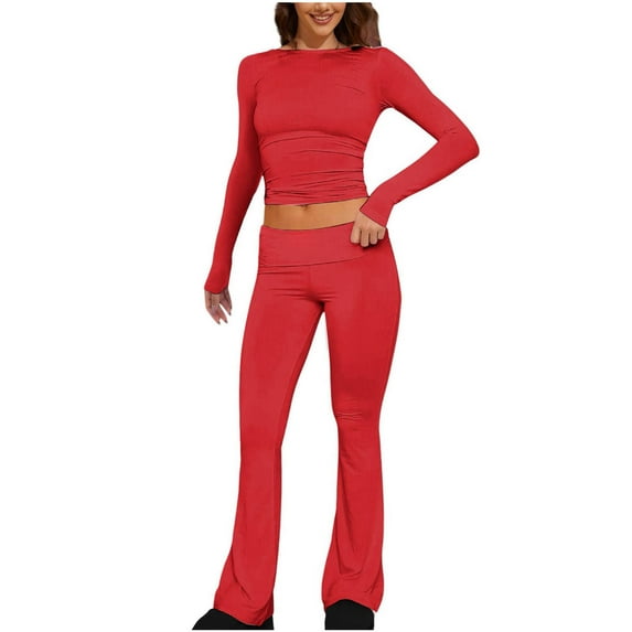 2 Piece Outfits for Women Long Sleeve Pullover Tops Pant Solid Color Slim Fitting Sets Tight-Fitting Yoga Sweatsuit (Red S)