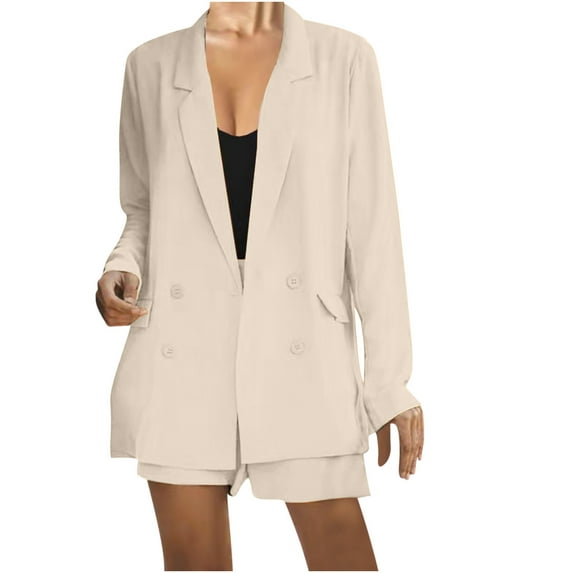 2 Piece Outfits for Women Long Sleeve Solid Open Front Blazer Shorts with Belt Casual Comfy Elegant Business Suit Sets