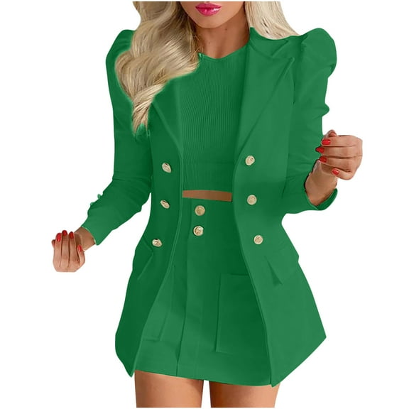 2 Piece Outfits for Women Long Sleeve Solid/Printed Open Front Blazer Mini Short Skirt Elegant Business Suit Sets