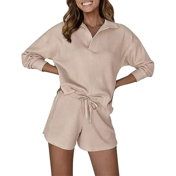 2 Piece Outfits for Women Long Sleeve Top and Shorts Set Solid Color Sweatsuits V-Neck Tracksuit Oversized Winter Casual Suit (Beige 3XL)