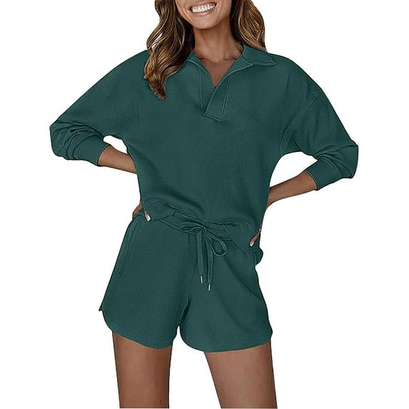 2 Piece Outfits for Women Long Sleeve Top and Shorts Set Solid Color Sweatsuits V-Neck Tracksuit Oversized Winter Casual Suit (Green 2XL)