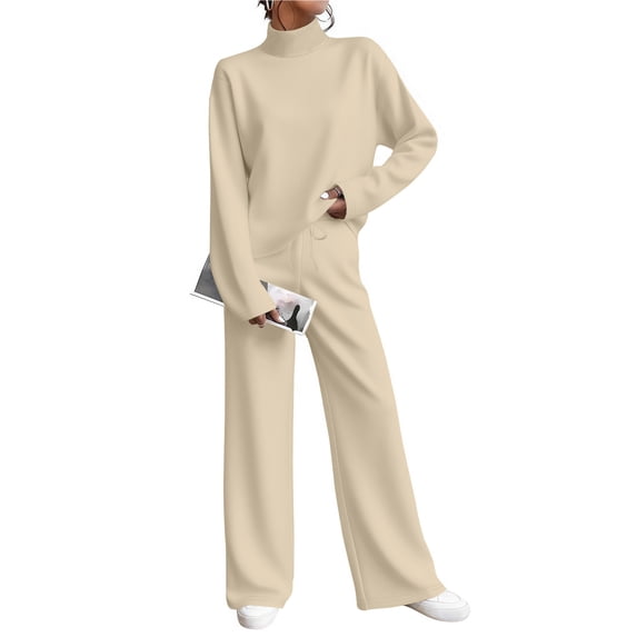 2 Piece Outfits for Women Loose Mock Neck Sweatshirt with Wide Leg Pants 2026 Lounge Travel Matching Sets Beige XL