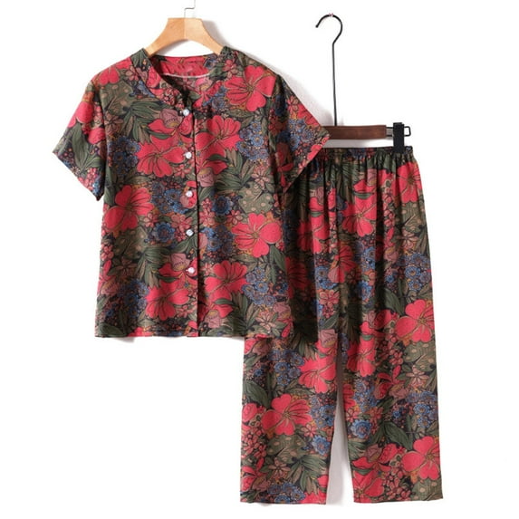 2 Piece Outfits for Women Plus Size Cropped Pants Button Cardigan Printing Casual Two Piece Suit Two Piece Summer Sets