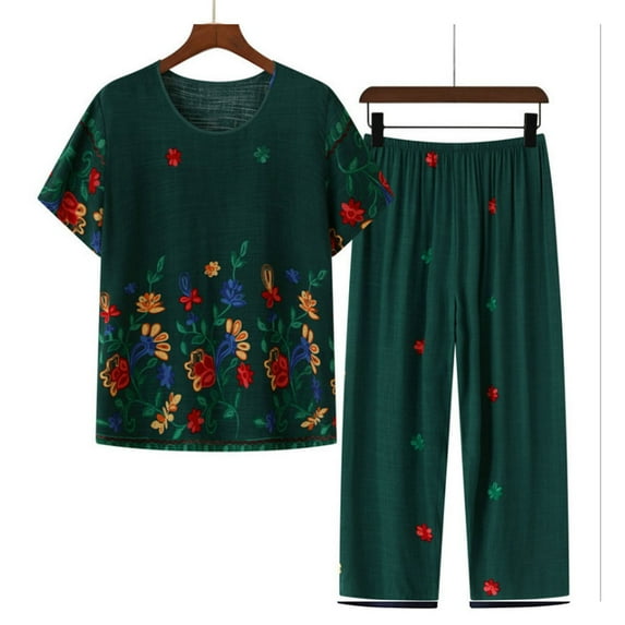 2 Piece Outfits for Women Plus Size Cropped Pants Button Cardigan Printing Casual Two Piece Summer Suit Sets