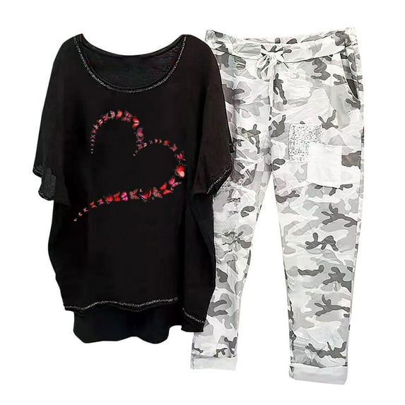 2 Piece Outfits for Women Plus Size Print Crewneck Half Sleeve Pullover Shirt Tops + Pants Trousers Two Piece Summer Sets