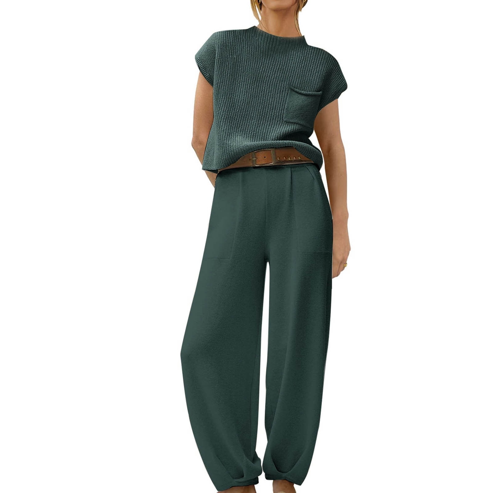 Two-Piece Set with Puff Sleeves Top and High-Waisted Trousers - White main image 1