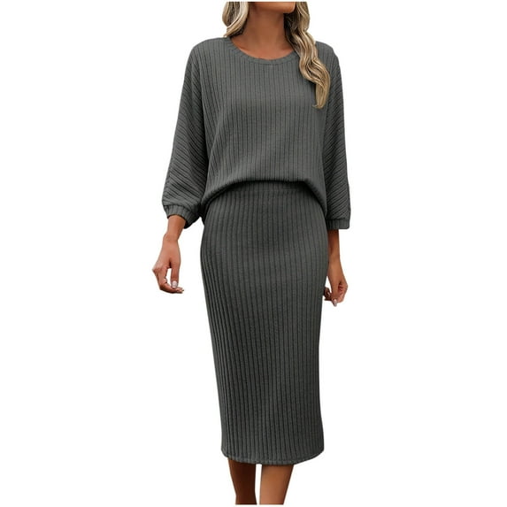 2 Piece Outfits for Women Ribbed Knit Sets Elegant Crewneck Pullover Tops with Midid Pencil Bodycon Skirt Sweater Set