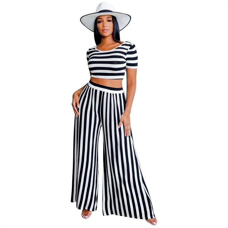 2 Piece Outfits for Women Sexy Backless Short Sleeve Crop Top High Waist Wide Leg Long Pant Sets Tracksuit Sport Set Black Small Walmart