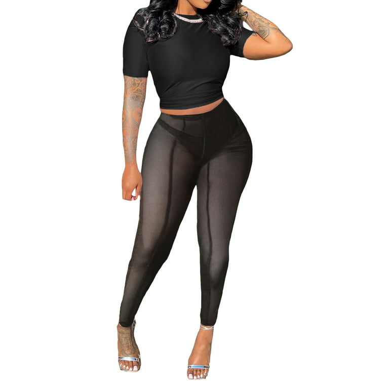 2 Piece Outfits for Women Sexy Sheer Mesh Two piece Crop Top