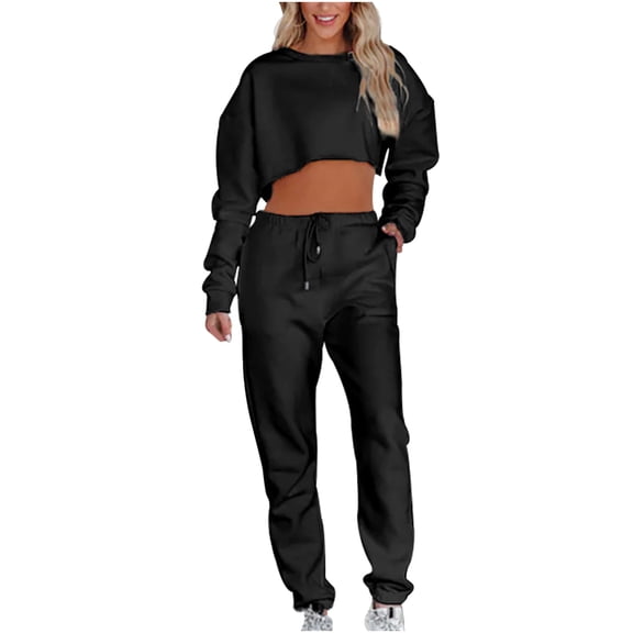 2-Piece Outfits for Women Sexy Track Suits Set Relaxed-Fit Solid Crop Sweatshirts Wide Leg Joggers Pants Trendy Workout Set