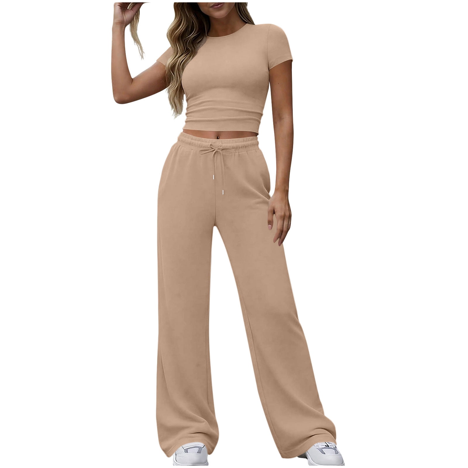 2 Piece Outfits for Women Slim-Fit Short Sleeve Crop Top Wide Leg Tie ...
