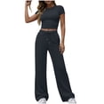 thumbnail image 1 of 2 Piece Outfits for Women Slim-Fit Short Sleeve Crop Top Wide Leg Tie Waist Pants Set Lounge Summer Sweatsuits (XL, Dark Gray), 1 of 8