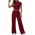 thumbnail image 1 of 2 Piece Outfits for Women Slim-Fit Short Sleeve Crop Top Wide Leg Tie Waist Pants Set Lounge Summer Sweatsuits (XL, Wine), 1 of 8