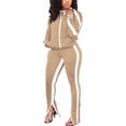 thumbnail image 1 of 2 Piece Outfits for Women Solid Color Stripe Off Shoulder Zipper Long Sleeves Jacket Pants with Pockets Casual Tracksuit, 1 of 4