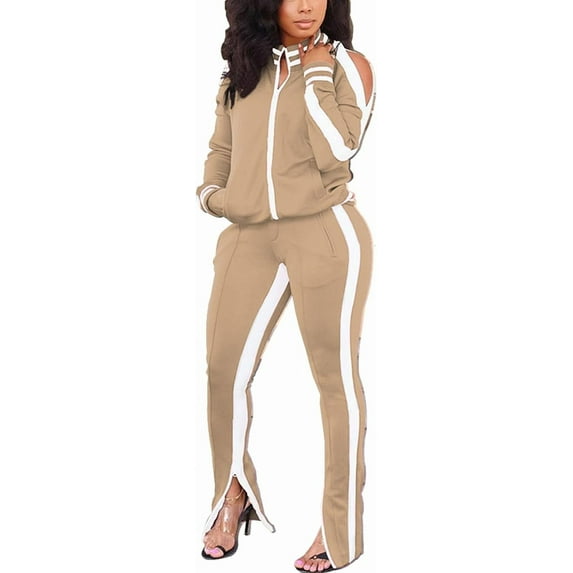 2 Piece Outfits for Women Solid Color Stripe Off Shoulder Zipper Long Sleeves Jacket Pants with Pockets Casual Tracksuit