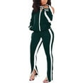 thumbnail image 1 of 2 Piece Outfits for Women Solid Color Stripe Off Shoulder Zipper Long Sleeves Jacket Pants with Pockets Casual Tracksuit, 1 of 4