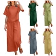 thumbnail image 1 of 2 Piece Outfits for Women Summer Cotton Linen Sets Lounge Solid 3/4 Sleeve Embroidered Top Matching Causal Wide Leg Pants, 2XL, 1 of 7