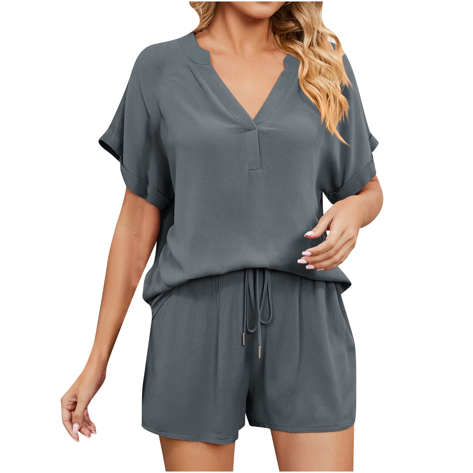 2 Piece Outfits for Women Summer - Fashion Solid V-neck Tops and Shorts Set  Comfortable Loose Elastic Playsuits 