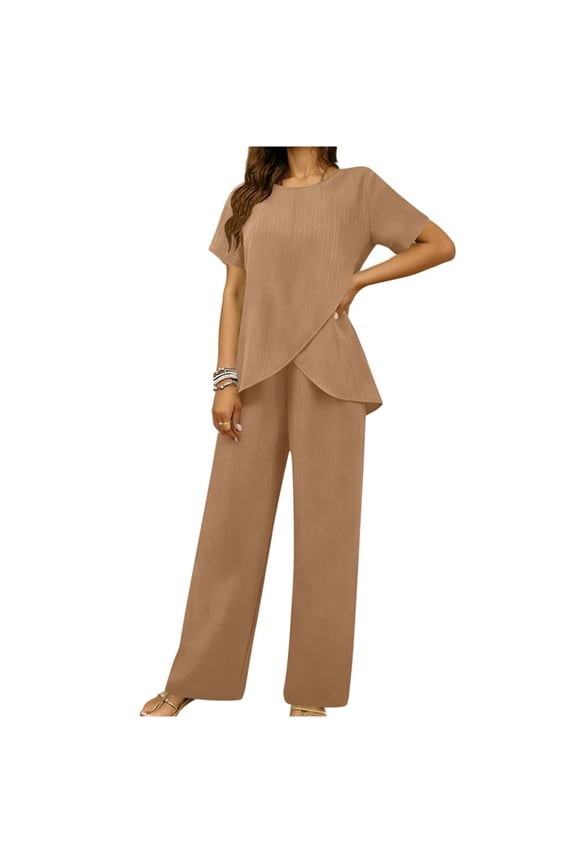 2 Piece Outfits for Women Summer Irregualr Split Hem Tunic Top with Wide Leg Pants Matching Travel Casual Sets