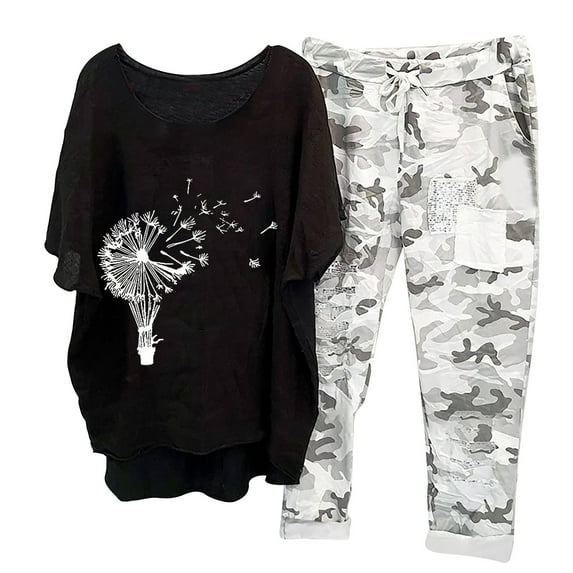 2 Piece Outfits for Women Summer Short Sleeve Camouflage Printed T-Shirts Sweatpants Cotton Linen Loose Capri Pants Sets