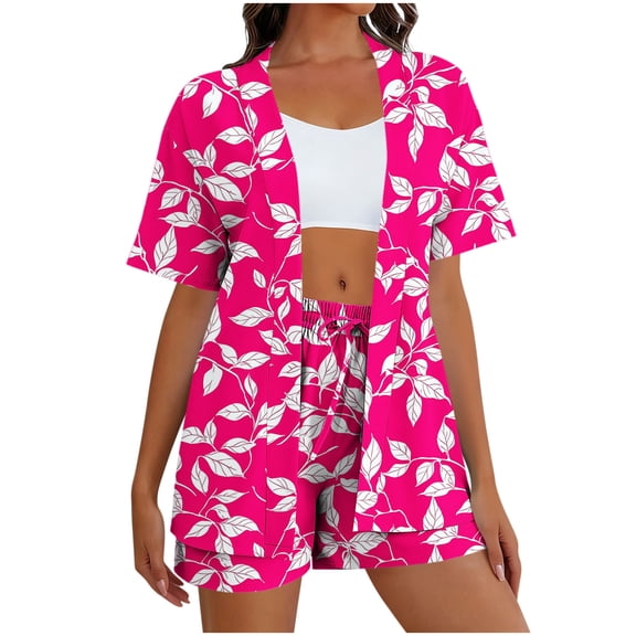 2 Piece Outfits for Women Summer Trendy Floral Printed Short Sleeve Cardigan Shirt & Shorts Hawaiian Beach Sets (M, Hot Pink #A)