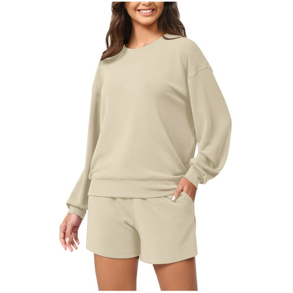 2 Piece Outfits for Women Sweatsuit Sweat Shorts Sets Oversized Crewneck Sweatshirt Cozy Lounge Workout Tracksuit (L, Khaki)