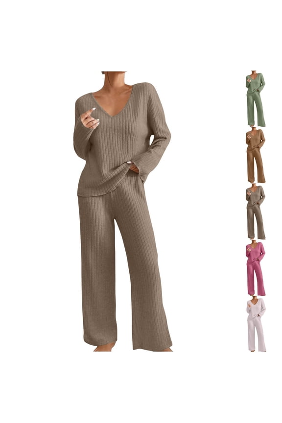 2 Piece Outfits for Women V Neck Long Sleeve Knit Sweater Top and Wide Leg Pants Ribbed Lounge Matching Set Fall Winter Hot Pink S
