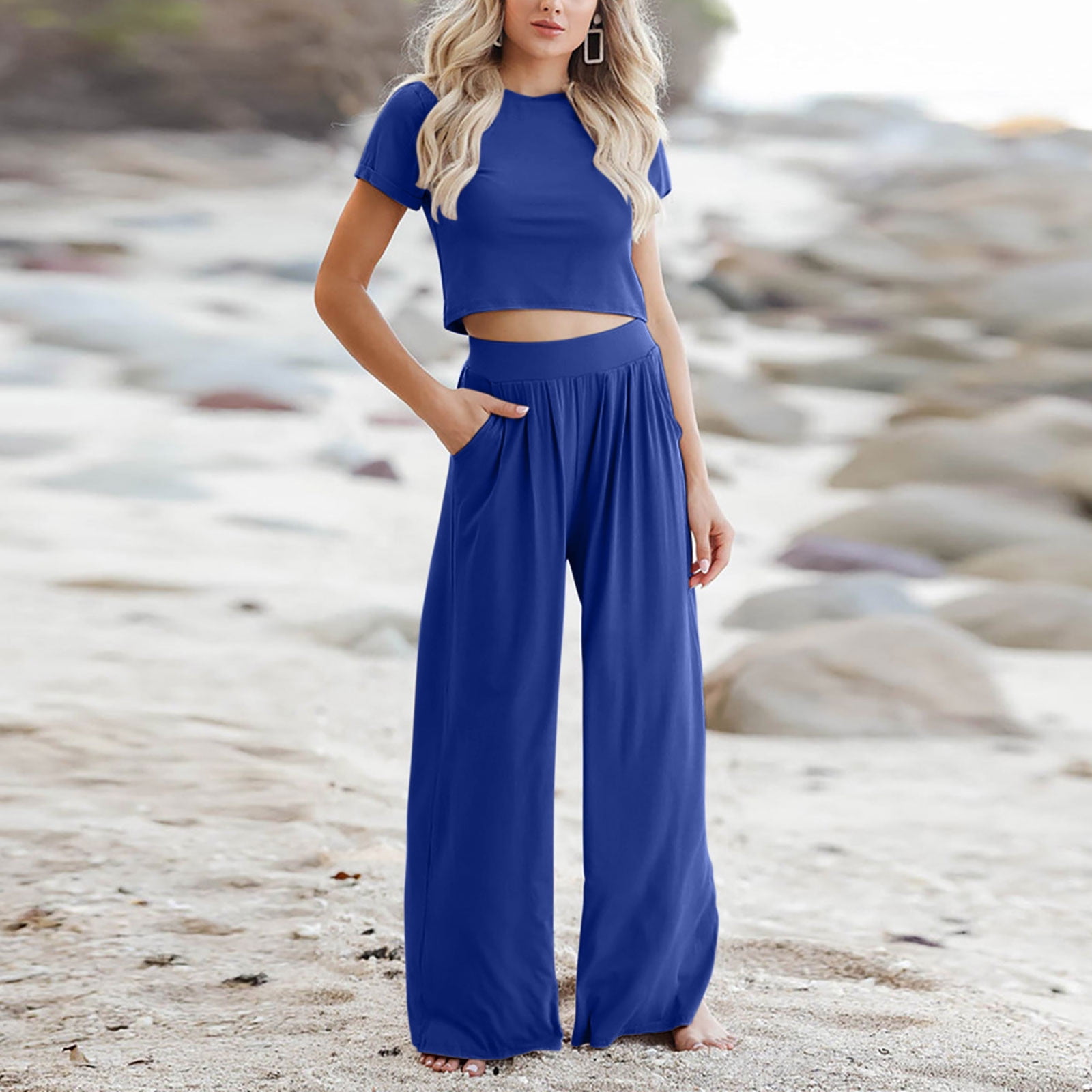 Amazon.com: STRALUCISHOP Women's 2 Piece Outfits Short Sleeve Crop Top and Wide  Leg Palazzo Pants Set WTP11021 Blue S : Clothing, Shoes & Jewelry