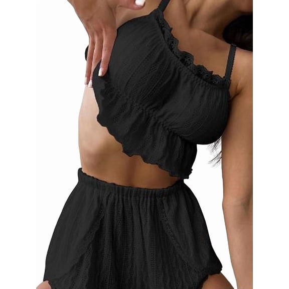 2 Piece Outfits for Women Y2k Lounge Set Cute Lace Trim Split Shorts Pajama Sets Summer Camisole Sleepwear Black L