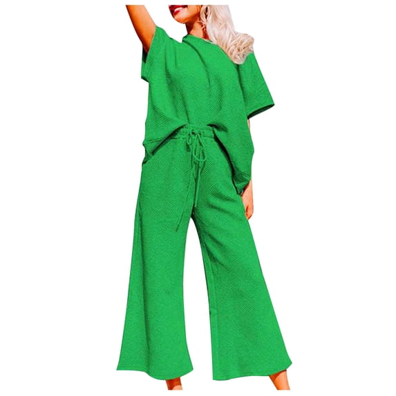 2 Piece Outfits for Women plus size casual Loose Solid Color Leisure Set Texture Drawstring softy sports suit Sets,Green,M