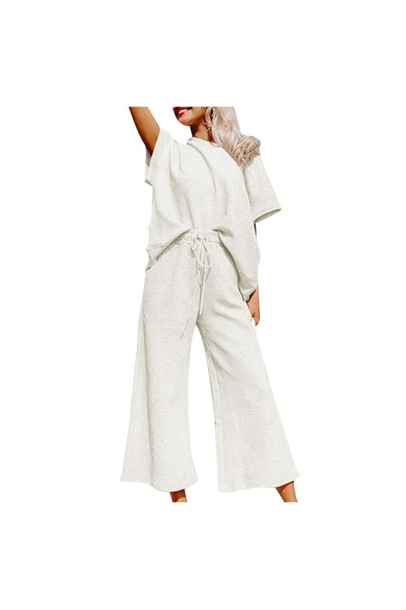 2 Piece Outfits for Women plus size casual Loose Solid Color Leisure Set Texture Drawstring softy sports suit Sets,White,L