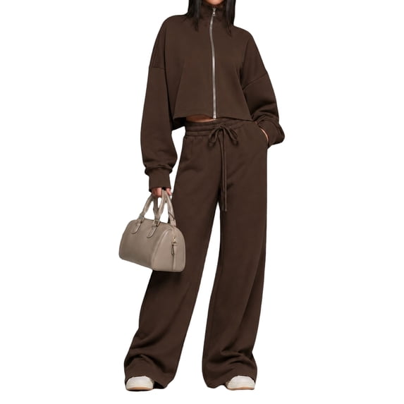 2 Piece Outfits for Womens Zip Up Crop Top Wide Leg Baggy Sweatpants Comfy Tracksuit Lounge Sets