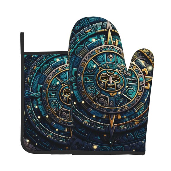 2-Piece Oven Mitts and Pot Holders Set, Kitchen Baking Mitts Hot Pads for Cooking, Microwave, BBQ, Aztec Calendar Mayan Vintage Starry