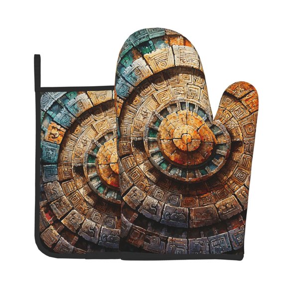 2-Piece Oven Mitts and Pot Holders Set, Kitchen Baking Mitts Hot Pads for Cooking, Microwave, BBQ, Aztec Calendar Mayan Watercolor