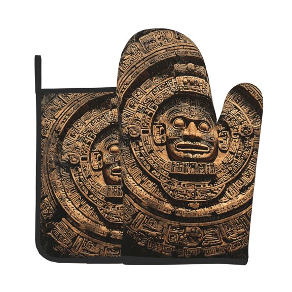 2-Piece Oven Mitts and Pot Holders Set, Kitchen Baking Mitts Hot Pads for Cooking, Microwave, BBQ, Mayan Calendar Aztec Black