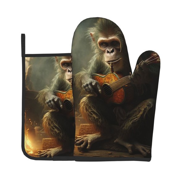 2-Piece Oven Mitts and Pot Holders Set, Kitchen Baking Mitts Hot Pads for Cooking, Microwave, BBQ, Monkey Playing Guitar Funny