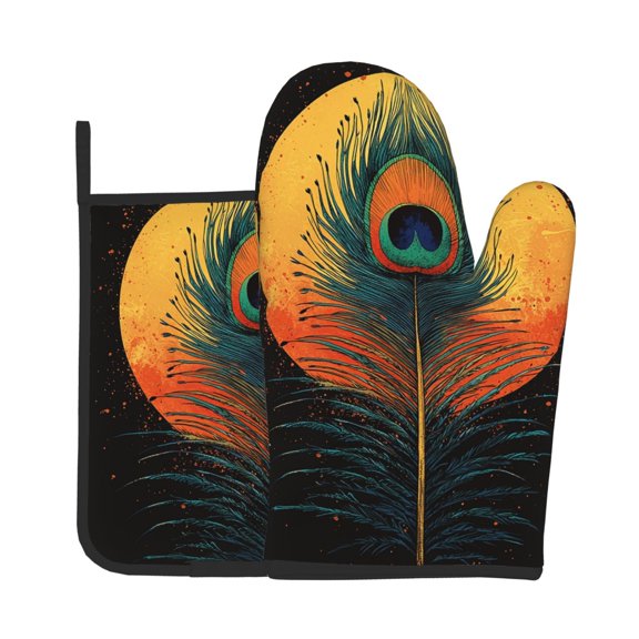 2-Piece Oven Mitts and Pot Holders Set, Kitchen Baking Mitts Hot Pads for Cooking, Microwave, BBQ, Peacock Feather Retro