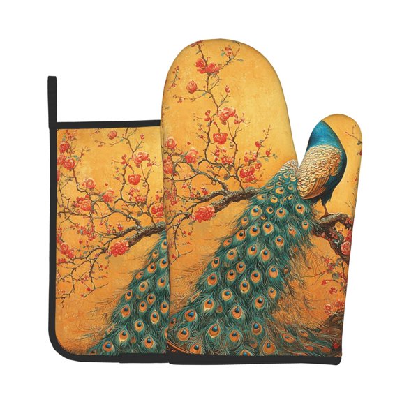 2-Piece Oven Mitts and Pot Holders Set, Kitchen Baking Mitts Hot Pads for Cooking, Microwave, BBQ, Retro Chinoiserie Oriental Peacock