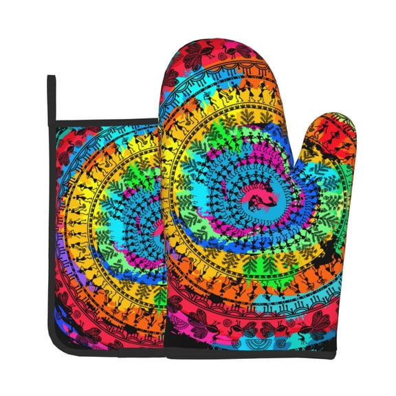 2-Piece Oven Mitts and Pot Holders Set, Kitchen Baking Mitts Hot Pads for Cooking, Microwave, BBQ, Round Warli Tribal Art