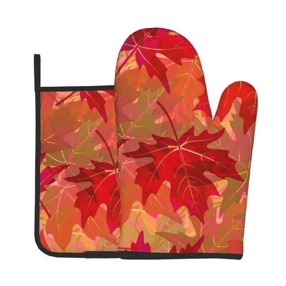 2-Piece Oven Mitts and Pot Holders Set, Kitchen Baking Mitts Hot Pads for Cooking, Microwave, BBQ, Vintage Maple Leaves